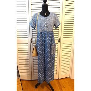 Vintage 90s Women's Blue Floral Midi Dress with Pockets Cottage Prairie Folk